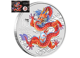 Lunární série III. - stříbrná mince Year of the Dragon - Red Dragon (Rok draka) 1 Oz 2024 Color karta