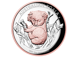 Exkluzivní stříbrná mince 5 Oz Australian Koala 2021 High Relief Rose Gold Plating PROOF