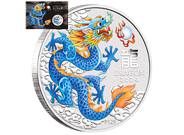 Lunární série III. - stříbrná mince Year of the Dragon - Blue Dragon (Rok draka) 1 Oz 2024 Color karta (Perth Coin Show)