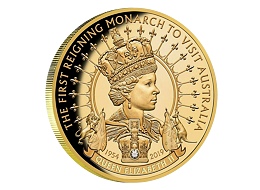 Exkluzivní zlatá mince The First Reigning Monarch to Visit Australia (První vládnoucí monarcha, který navštívil Austrálii) (H.M.Queen Elizabeth II.) 1 Oz 2019 PROOF (v minci je vsazen DIAMANT)