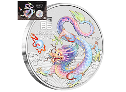 Lunární série III. - stříbrná mince Year of the Dragon - White Dragon (Rok draka) 1 Oz 2024 Color karta (Brisbane Coin Show)