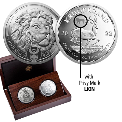 Exkluzivní stříbrné mince Big Five II 2x 1 Oz Lion + Krugerrand (Privy Lev) 2022 PROOF - (2.)