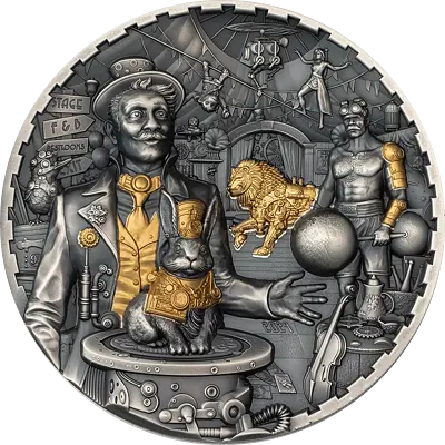 Exkluzivní stříbrná mince Steampunk - Carnival 3 Oz 2024 Gilded Ultra High Relief Antique