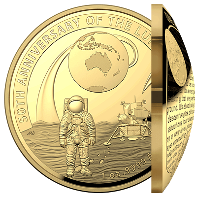 Exkluzivní zlatá mince Moon Landing 1 Oz 2019 (Dome)(50.výročí přistání na Měsíci) PROOF