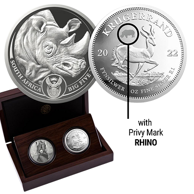 Exkluzivní stříbrné mince Big Five II 2x 1 Oz Rhino + Krugerrand (Privy Nosorožec) 2022 PROOF - (3.)