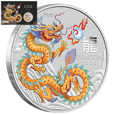 Lunární série III. - stříbrná mince Year of the Dragon - Golden Dragon (Zlatý drak) 1 Oz 2024 Color karta (ANA Chicago Coin Show)