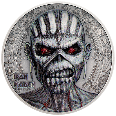 Exkluzivní stříbrná mince Iron Maiden - The Book of Souls 2 Oz 2024 Color Antique