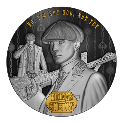 Stříbrná mince Thomas Shelby - Peaky Blinders (Gangy z Birminghamu) 2 Oz 2023 Gilded Ultra High Relief Antique Black PROOF