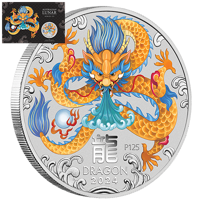 Lunární série III. - stříbrná mince Year of the Dragon (Rok draka) 1 Oz 2024 Color karta