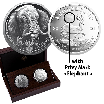 Exkluzivní stříbrné mince Big Five II 2x 1 Oz Elephant + Krugerrand (Privy Slon) 2021 PROOF - (1.)