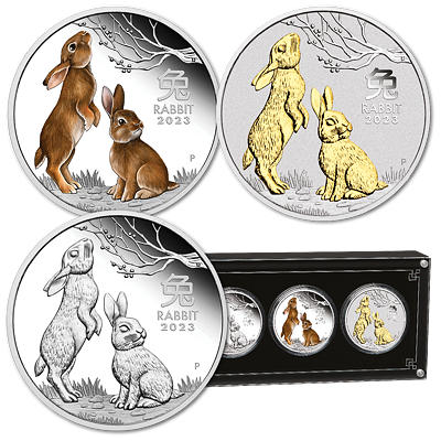 Lunární série III. - sada 3 x 1 Oz stříbrných mincí Year of the Rabbit (Rok králíka) 2023 (PROOF, Color PROOF, Gilded)