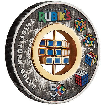 Stříbrná mince 50th Anniversary Rubik's Cube (Rubikova kostka) 2 Oz 2024 Gilded Color Antique